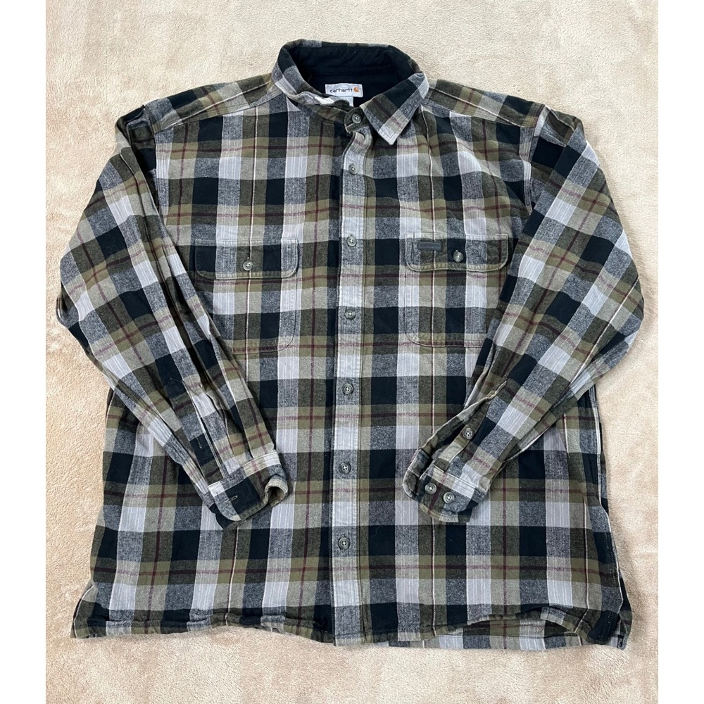 Carhartt Flannel Shirt Mens 2XL Green Plaid Cold Weather Two Pockets is Good